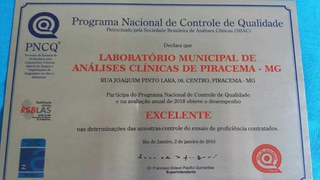 LABORATÓRIO MUNICIPAL RECEBE CERTIFICAÇÃO EXCELENTE NO PNCQ.